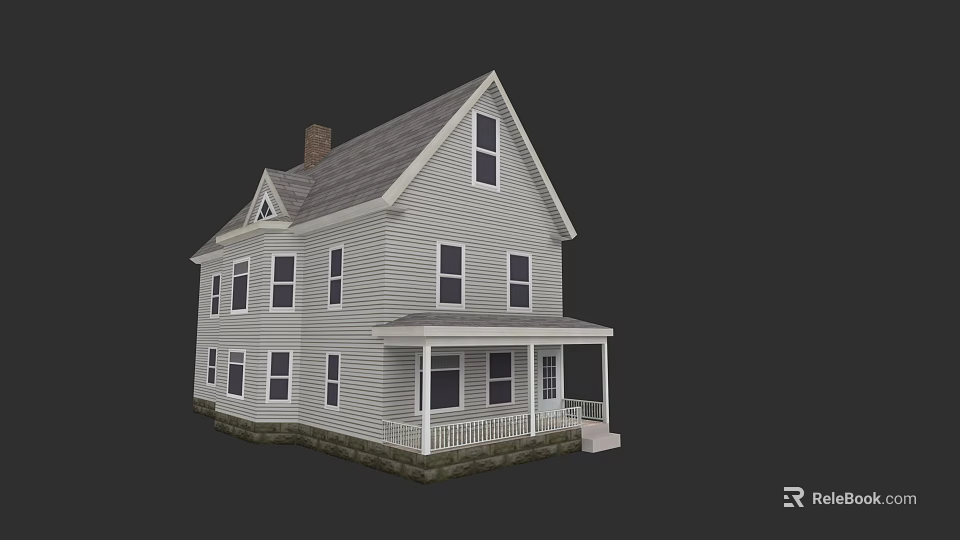 Two Story Detached House With Gray Siding Gabled Roof And Porch Railing 3d model 