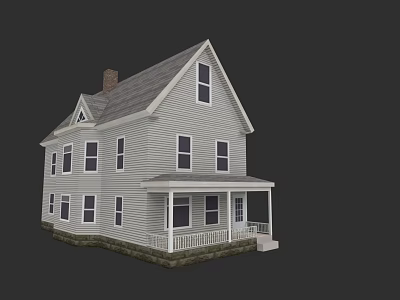 Two Story Detached House With Gray Siding Gabled Roof And Porch Railing 3d model