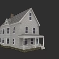 Two Story Detached House With Gray Siding Gabled Roof And Porch Railing