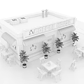 Cartoon Coffee House Scene with Outdoor Tables Chairs Striped Awnings and Green Plants