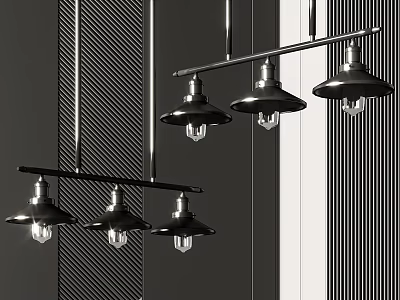 Modern Black Metal Pendant Lights Hanging On Rods With Striped Backdrop 3d model
