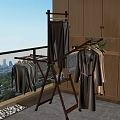 Wooden Standing Clothes Hanger with Coats Shirts and Pants in Indoor Balcony Space