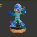 Blue Robot Character in Action Pose Standing on Golden Base with Reflective Surface 3d model