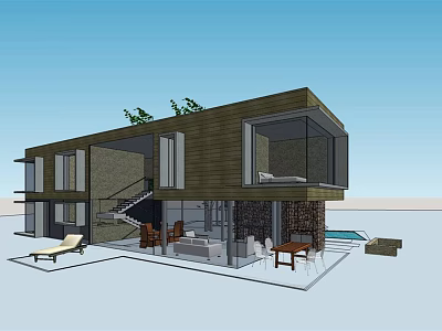 Modern Detached Villa With Wooden Exterior Large Windows Swimming Pool And Outdoor Furniture 3d model