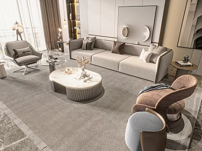 Modern Living Room Sofa And Coffee Table Set With Marble Top And Decorative Pillows 3d model
