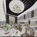 Banquet Hall Interior With Elegant Chandelier Round Tables White Tablecloths Chair Sashes And Wooden Flooring