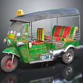 Vintage Green Tuk Tuk with Yellow Taxi Sign Black Roof and Red Green Striped Seats