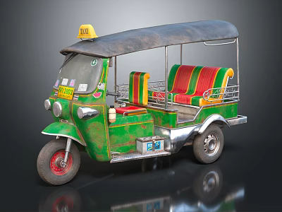 Vintage Green Tuk Tuk with Yellow Taxi Sign Black Roof and Red Green Striped Seats 3d model