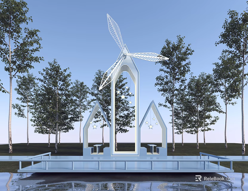 White Metal Modern Architectural Structure With Wing Inspired Design On Waterfront Platform Surrounded by Trees 3d model