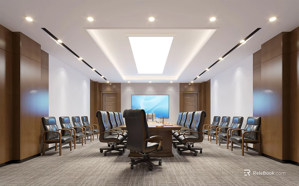 Spacious Conference Room With Wooden Walls Rectangular Skylight Large Screen And Black Office Chairs 3d model 