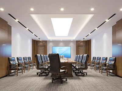 Spacious Conference Room With Wooden Walls Rectangular Skylight Large Screen And Black Office Chairs 3d model