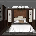 Elegant Bedroom Interior With Tufted Headboard Chandelier Dark Wood Decor And Geometric Rug