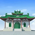 Traditional Ancient Chinese Architecture With Green Roof Overhanging Eaves Red Columns And Green Windows