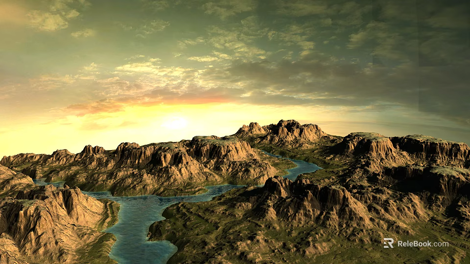 Garden Landscape Design With Mountain Range River And Sunset Sky Greenery 3d model 