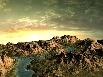 Garden Landscape Design With Mountain Range River And Sunset Sky Greenery 3d model