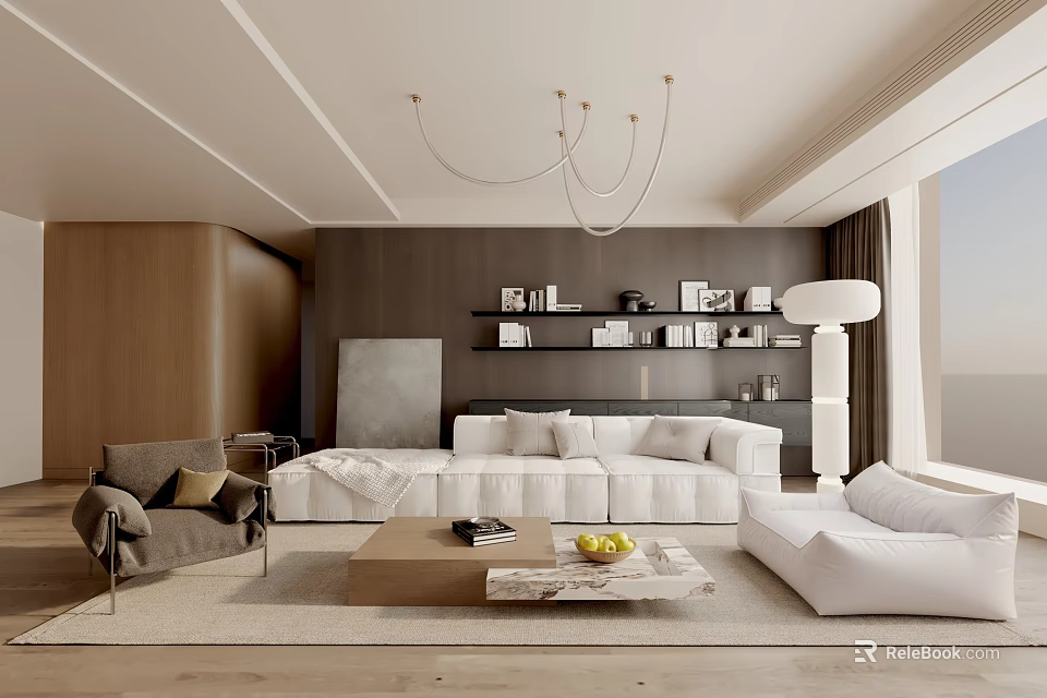 Elegant Modern Living Room Interior With White Sofa Wooden Bookshelf Floor Lamp And Coffee Table 3d model 