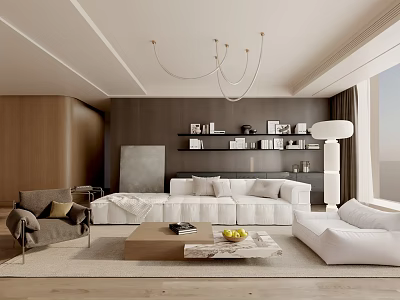 Elegant Modern Living Room Interior With White Sofa Wooden Bookshelf Floor Lamp And Coffee Table 3d model
