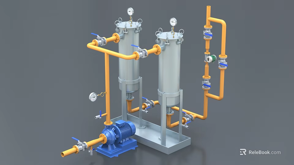Industrial Equipment System With Vertical Tanks Pipes Pump Pressure Gauges And Valves 3d model 