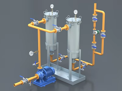 Industrial Equipment System With Vertical Tanks Pipes Pump Pressure Gauges And Valves 3d model