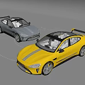 Two Sports Cars With Gray And Yellow Sleek Aerodynamic Body And Rear Spoiler