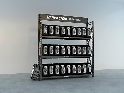 Bridgestone Comfortable Eco Friendly Tires Neatly Arranged On Multi Layer Display Shelf 3d model