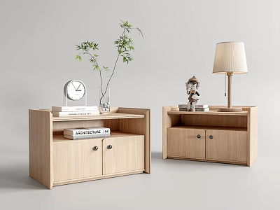 Modern Natural Wood Bedside Tables With Table Lamp Clock Plant And Storage Drawers 3d model