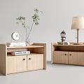 Modern Natural Wood Bedside Tables With Table Lamp Clock Plant And Storage Drawers