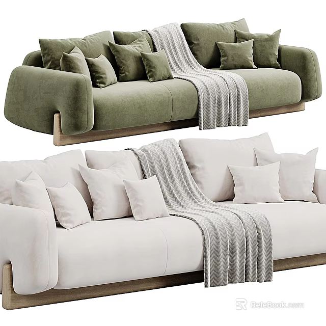 Green And Beige Sectional Sofa With Multiple Cushions Gray Blanket And Wooden Legs 3d model 