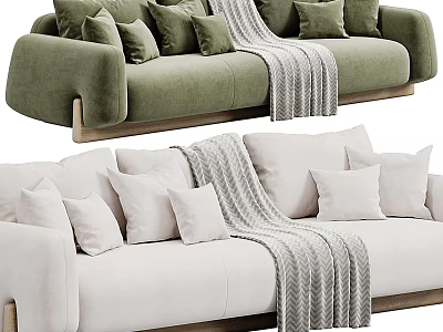 Green And Beige Sectional Sofa With Multiple Cushions Gray Blanket And Wooden Legs 3d model