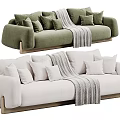 Green And Beige Sectional Sofa With Multiple Cushions Gray Blanket And Wooden Legs