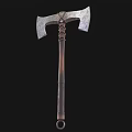 Double Edged Battle Axe Weapon With Decorative Carved Handle And Metal Blades