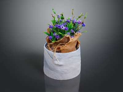 Vibrant Purple Flowers in White Pot with Burlap Wrap and Green Foliage 3d model