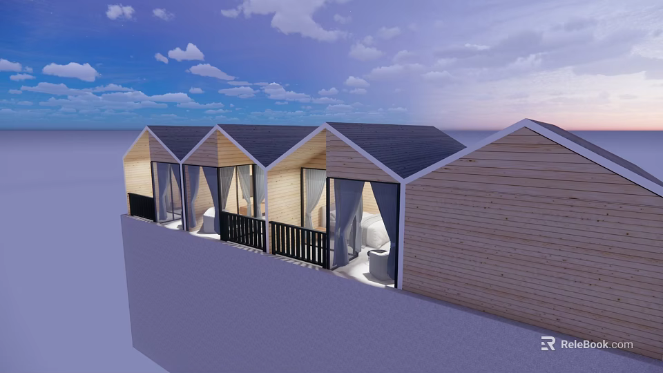 Row Of Wooden Coastal Guesthouses With Pitched Roofs And Balcony Railings 3d model 