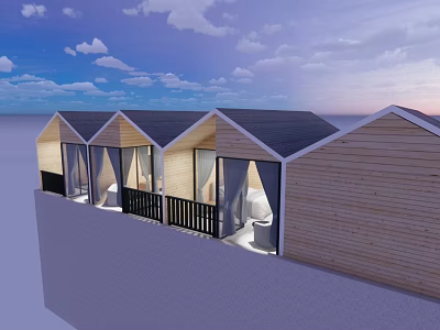 Row Of Wooden Coastal Guesthouses With Pitched Roofs And Balcony Railings 3d model