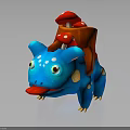 Cute Blue Creature With Red Mushrooms And Wooden Back Structure Tongue Out