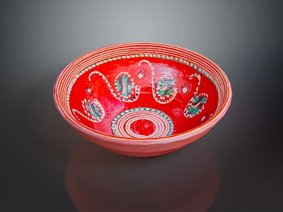 Traditional Hand Carved Red Ceramic Bowl With Intricate Colorful Decorative Patterns 3d model