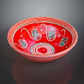 Traditional Hand Carved Red Ceramic Bowl With Intricate Colorful Decorative Patterns