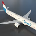Luxair Airplane With White Body Red And Blue Tail Wings And Engine