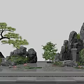 Natural Rockery Stones with Pine Tree Small Waterfall and Water Lilies in Garden Pond
