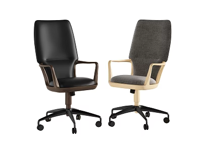 Two Office Chairs With Black Leather Grey Fabric Wooden Arms And Rolling Bases 3d model
