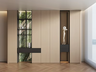 Modern Wooden Shoe Cabinet Design With Built-in Storage And Decorative Elements Near Window 3d model
