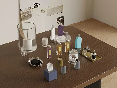 Modern Bathroom Accessories With Perfume Bottles Tissue Box Glass Cups And Storage Tray On Countertop 3d model