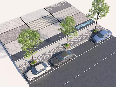 Garden Landscape Design With Paved Ground Tree Planters And Parking Spaces 3d model