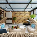 Modern Roof Garden Space With Treadmill Green Plants Sofa Fireplace And Wooden Walls