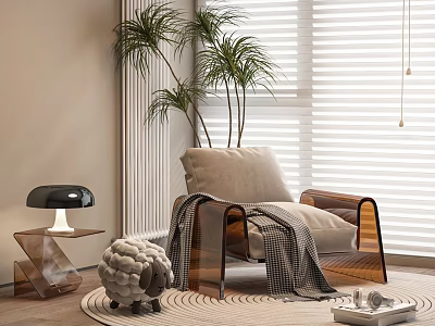 Modern Leisure Sofa Set With Transparent Frame Cozy Blanket Side Table And Potted Plant 3d model