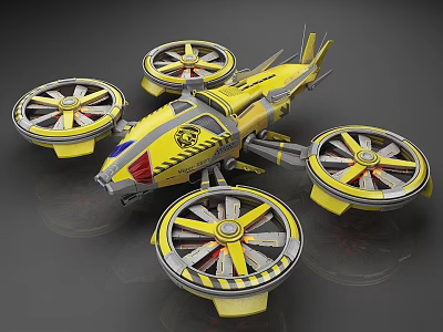 Yellow And Gray Futuristic Aircraft With Four Large Propellers And Stripes 3d model