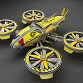 Yellow And Gray Futuristic Aircraft With Four Large Propellers And Stripes