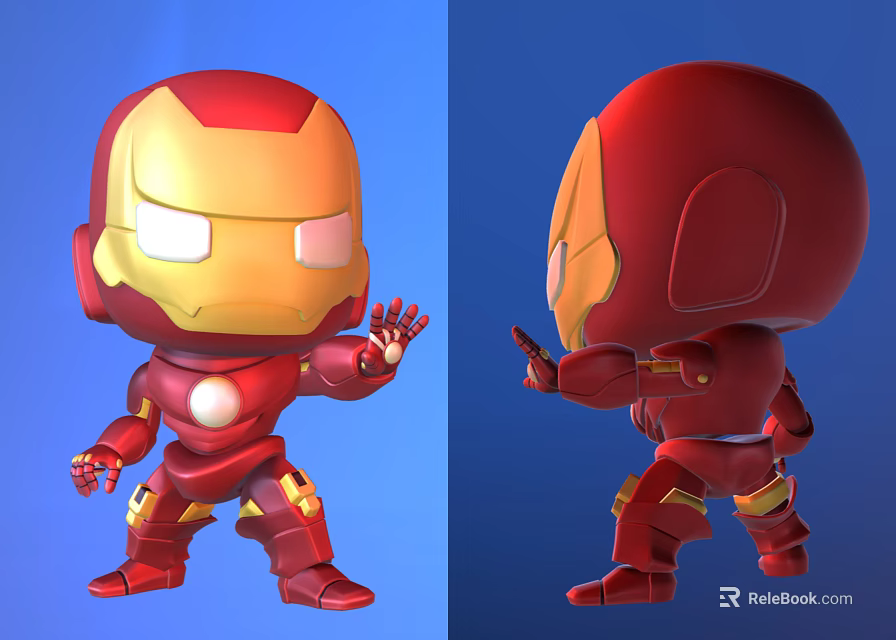 Chibi Iron Man Action Figure Front And Back Views Red Gold Design Blue Background 3d model 