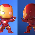 Chibi Iron Man Action Figure Front And Back Views Red Gold Design Blue Background
