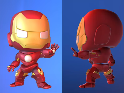Chibi Iron Man Action Figure Front And Back Views Red Gold Design Blue Background 3d model